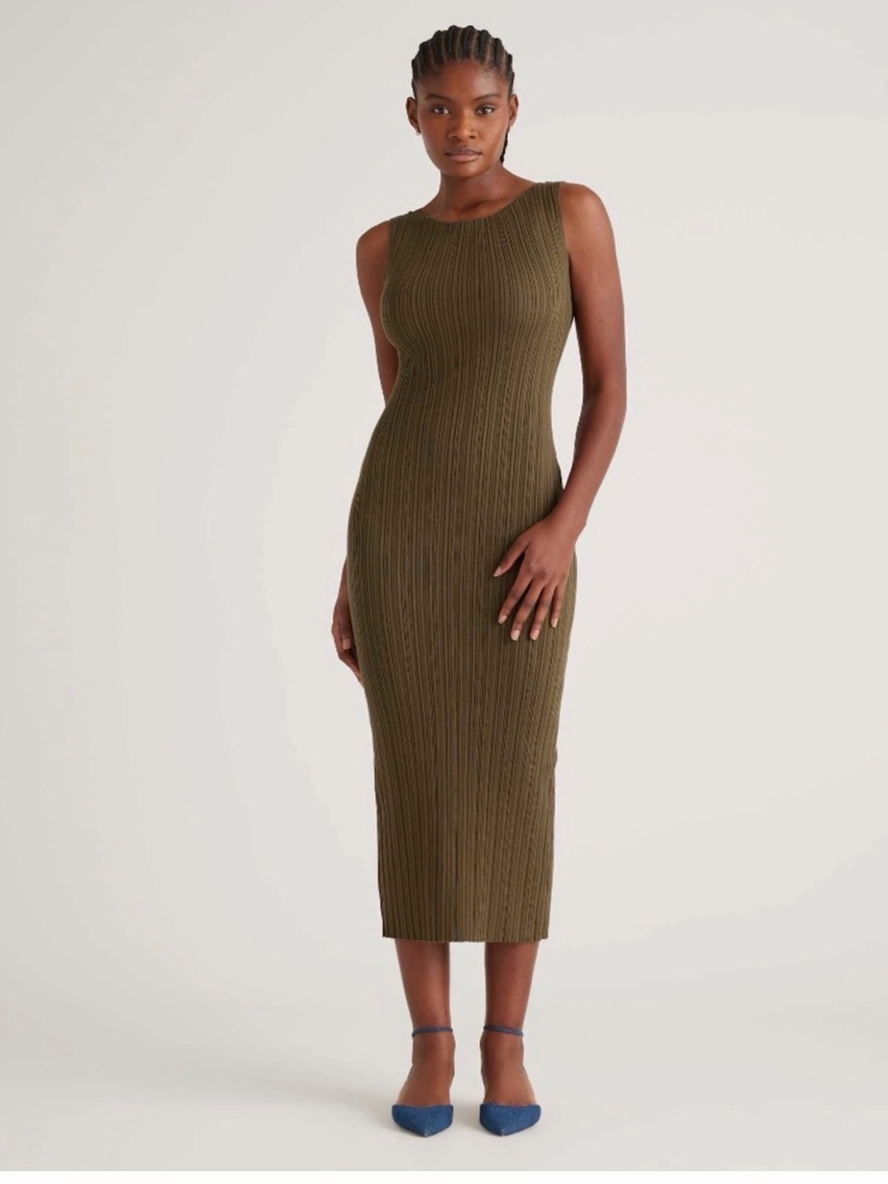 Quince Cotton Cashmere Ribbed Sleeveless Midi Dress in Olive, size M